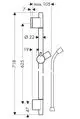 Technische Zeichnung einer Hansgrohe Brausestange mit Halterungen, einem Schlauch und Dimensionen, die die Montage und Positionierung zeigen. Die Maße sind in Millimetern angegeben.